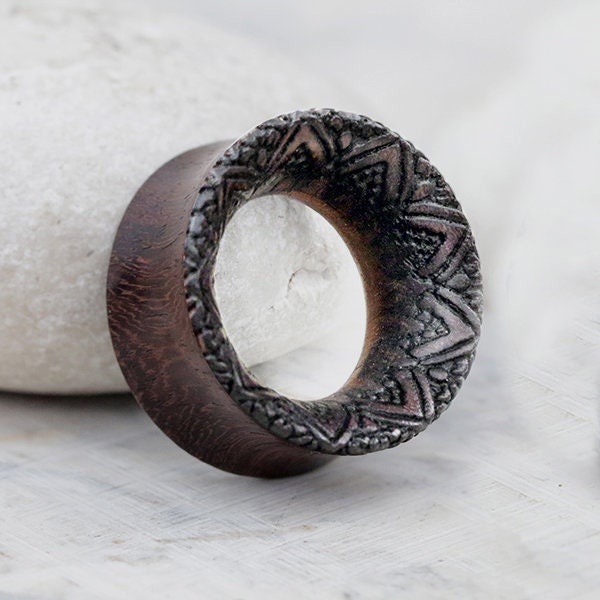 PAIR Engraved lotus Narra wood organic tunnel earrings. 14mm (9/16") to 25mm – 1” Double flared | wooden plugs flesh Stretcher Expander