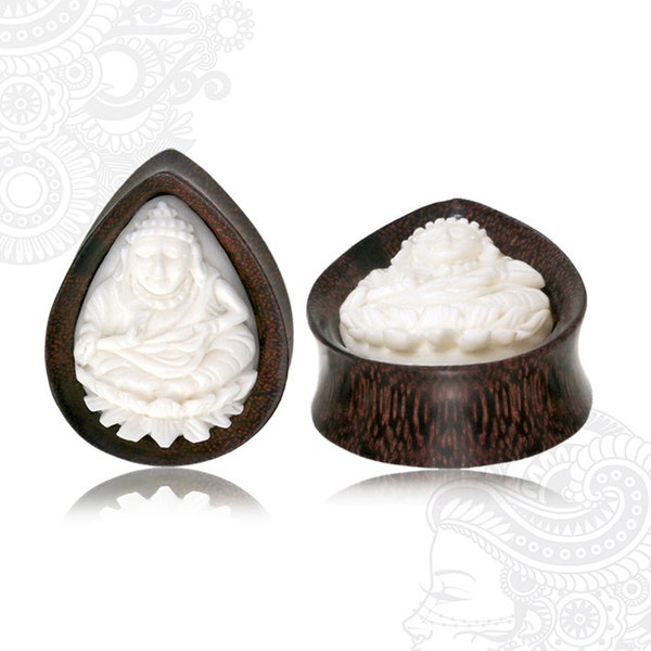 PAIR 16-25mm Beautiful hand carved wood and bone Buddha organic plugs earrings.  Double flared | 16mm 5/8" 18mm 11/16” 20mm 13/16” 25mm 1”