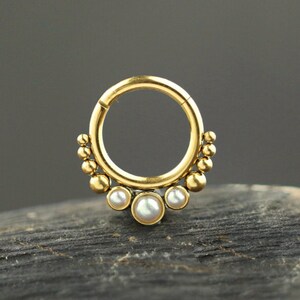 16g x 6mm 8mm or 10mm GOLD PVD hinged 316L surgical steel segment clicker ring with White Pearl | daith tragus helix rook septum 1.2mm