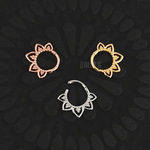 16g 8mm Tiny hinged surgical steel segment clicker ring in silver, gold, rose gold - pointed spiked lotus flower star daith 16ga 1.2mm