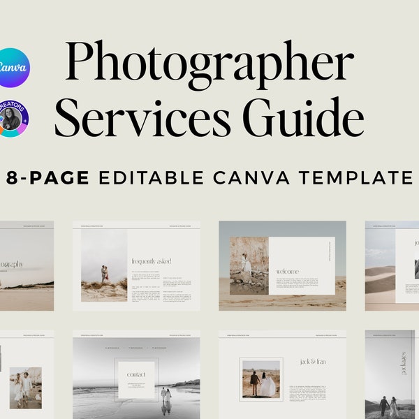 Services Pricing Guide Template for Photographers, Photographer Guide Canva Templates, Portfolio Packages Template Photography Guide