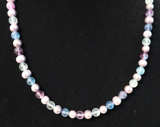 Rainbow Fluorite and Lavender Pearl Necklace