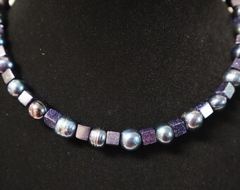 Blue Pearl and Blue Goldstone Necklace