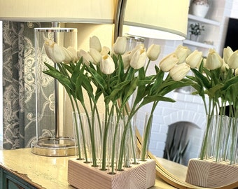 Handcrafted Wood Floral Holder: Taper Candle & Bud Vase Centerpiece