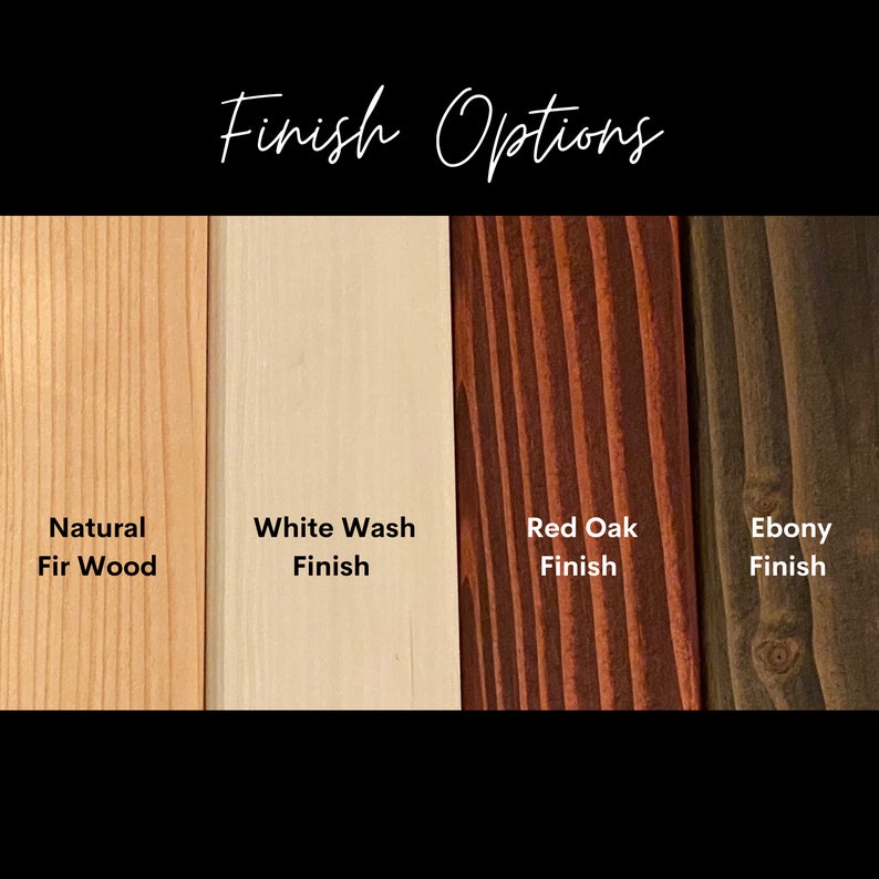Op de afbeelding: Vier houtstalen die verschillende afwerkingen laten zien: natuurlijk sparrenhout, wit gewassen, rode eik en ebbenhout.  "Finish Options" staat bovenaan de afbeelding.