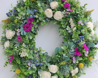 Door wreath - artificial door wreath - eucalyptus door wreath  - all seasons door wreath - colorful door wreath - strawflowers wreath