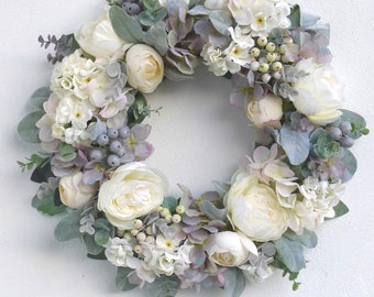 Artificial white peony wreath - luxury white peony and hydrangea door wreath - flower wreath with eucalyptus and dusty miller