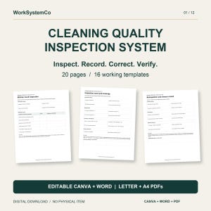 May include: A digital Cleaning Quality Inspection System document set by WorkSystemCo featuring 20 pages and 16 working templates. The layout includes text headers, inspection score sheets, and record forms, available in editable Canva, Word, and A4 PDF formats.