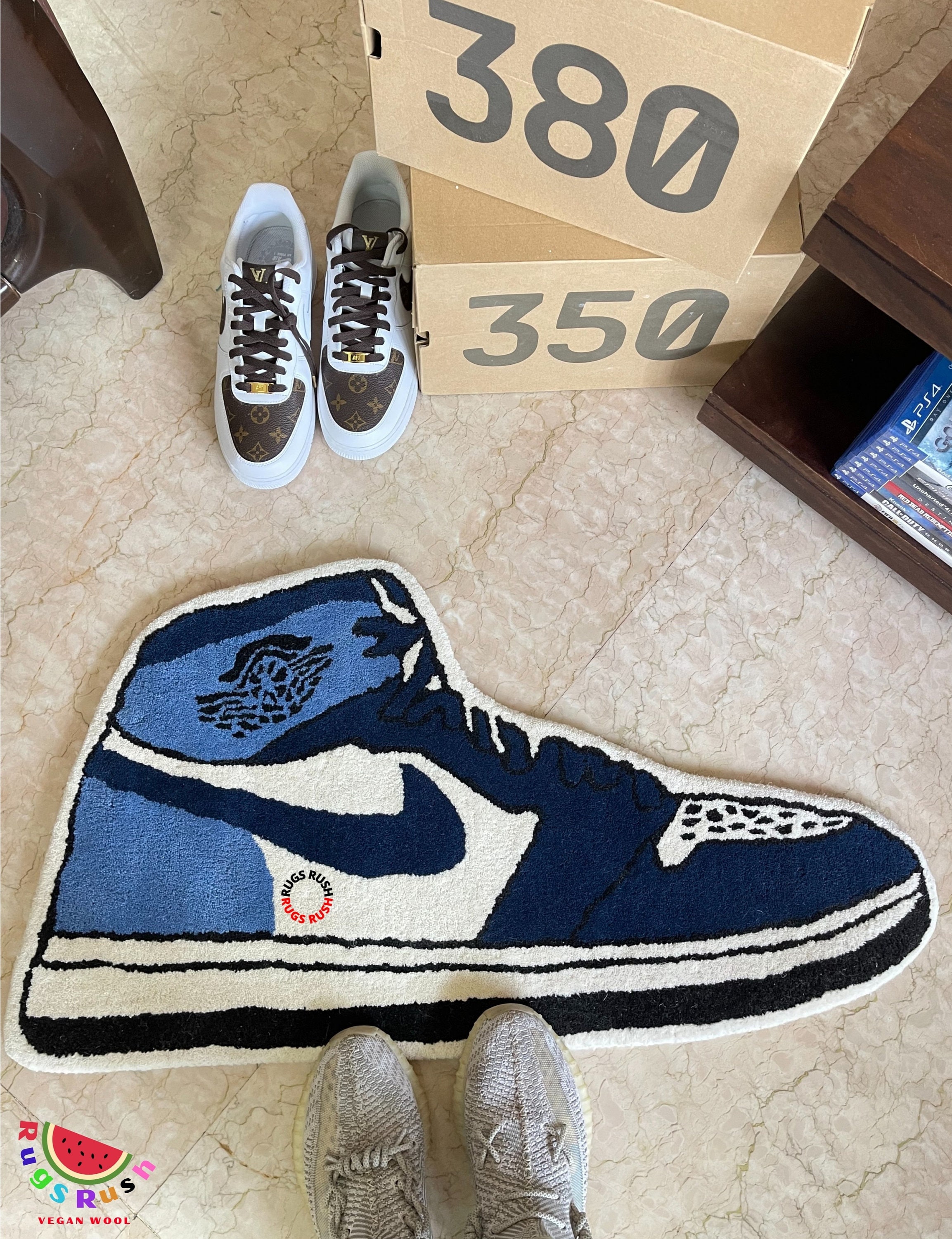 OBSIDIANS BLUE SHOE Rug , Custom Shoe , Handtufted , Sneakerhead