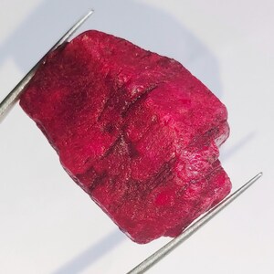 May include: A raw, uncut ruby gemstone, held by tweezers. The ruby is a deep, rich red colour with a textured surface. The gemstone is irregularly shaped, showcasing its natural, raw form.