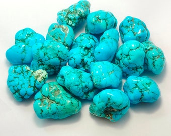 May include: A collection of turquoise stones, each with a unique shape and pattern. The stones are a vibrant blue-green color and have a smooth, polished finish.