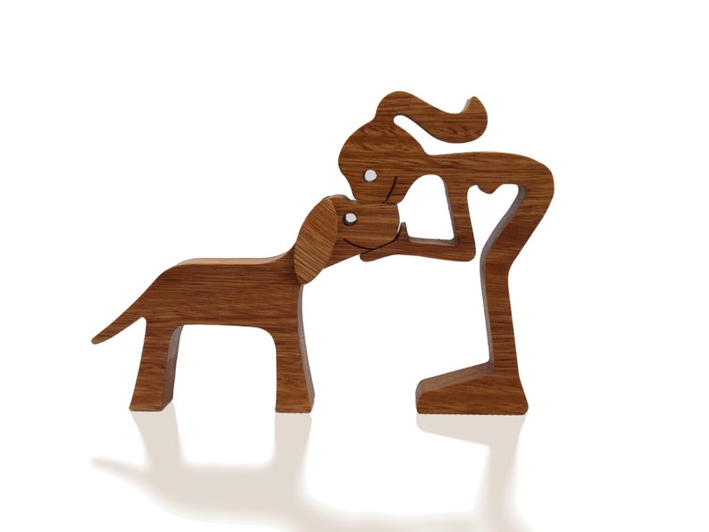 Handmade Wooden Sculpture Woman and her Dog 3 Dark Wood