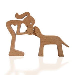 Handmade Wooden Sculpture Woman and her Dog 3 Light Wood