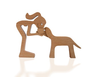 Handmade Wooden Sculpture | Woman and Her Dog | Pet Lover Gift