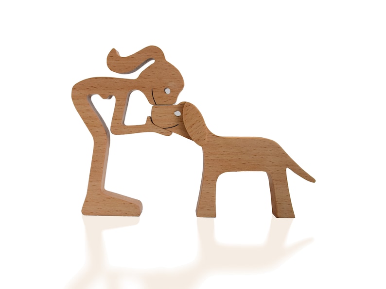 Handmade Wooden Sculpture Woman and her Dog 3 Light Wood