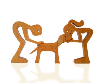 Handmade Wooden Sculpture | Man Woman and their Dog