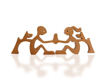Couple & Dogs Wooden Sculpture – Pet Lover Gift
