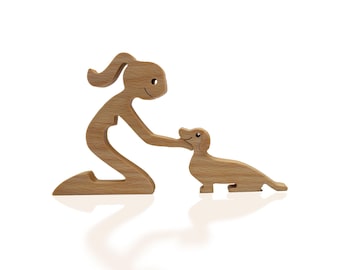 Dachshund Wooden Sculpture – Woman & Dog Figurine, Handmade Pet Lover Gift