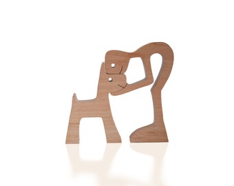 Artisan Wooden Sculpture – Man with Dog Statue, Rustic Pet Memorial & Home Décor