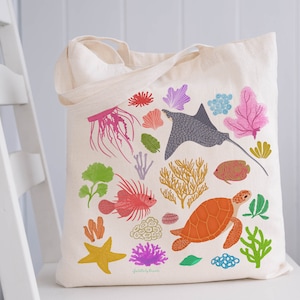 Ocean life tote bag, sea life tote bag, beach tote bag, coastal bag, travel bag, holiday bag, canvas tote bag