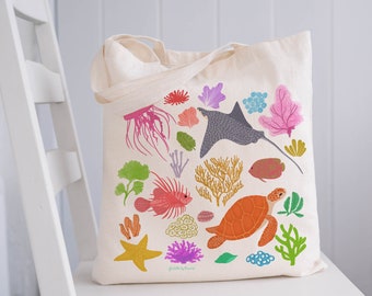 Ocean life tote bag, sea life tote bag, beach tote bag, coastal bag, travel bag, holiday bag, canvas tote bag