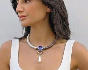 Statement silver necklace for women with crystal and pearl drop