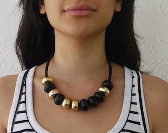 Statement necklace, Chunky necklace, Black and gold necklace, Black bib necklace