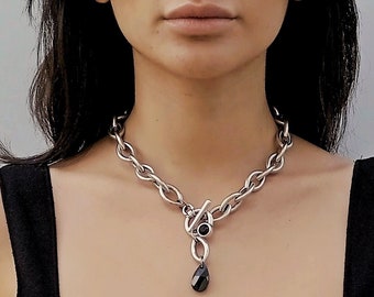 Silver necklace with toggle clasp and teardrop, Toggle necklace, Teardrop necklace