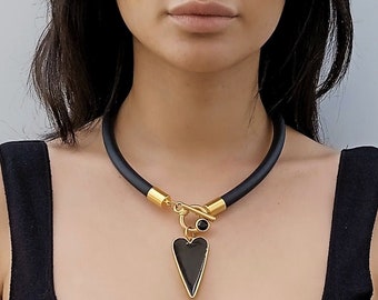 Black heart necklace, Necklace for women with large heart pendant, Black necklace, Heart pendant necklace