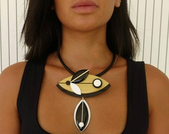 Black and gold bib necklace, Statement necklace, Matisse jewelry