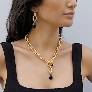 Statement necklace for women with toggle clasp and teardrop, Gold toggle necklace, Tear drop necklace, Chunky gold necklace, Gold necklace image 1