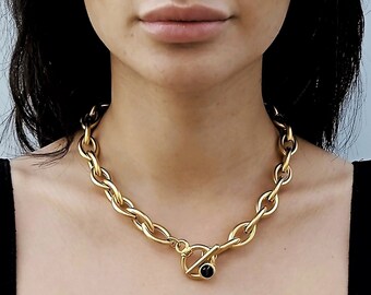Gold chain necklace with toggle clasp, Gold toggle necklace, Gold statement necklace,  Unique gold necklace