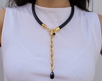 Long pendant necklace, Long gold necklace with black crystal pendant, Long necklace for women, Unique long necklace, Statement necklace