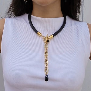 Long pendant necklace, Long gold necklace with black crystal pendant, Long necklace for women, Unique long necklace, Statement necklace