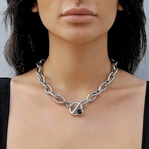 Statement silver necklace, Silver necklace for women with toggle clasp, Silver chain necklace, Toggle necklace