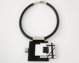 Statement necklace, Geometric necklace, Modern bib necklace, Black and silver necklace