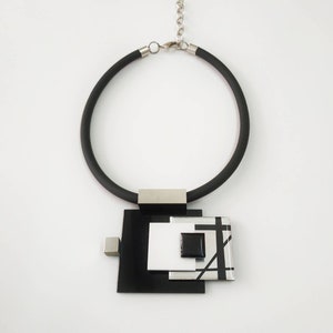 Statement necklace, Geometric necklace, Modern bib necklace, Black and silver necklace