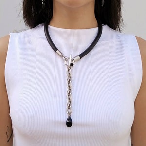 Black and silver statement necklace, Y necklace with a crystal drop, Lariat necklace