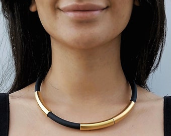 Black choker with gold pendant, Black and gold choker, Choker necklace for women