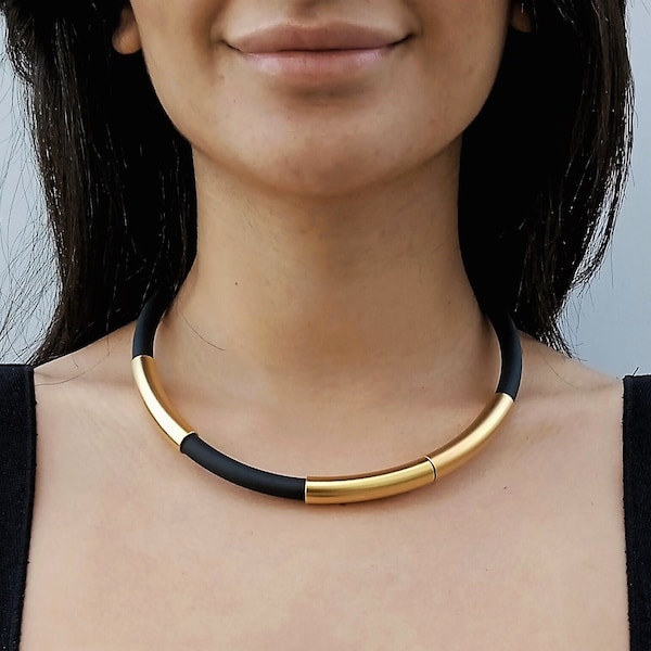 Black choker with gold pendant, Black and gold choker, Choker necklace for women