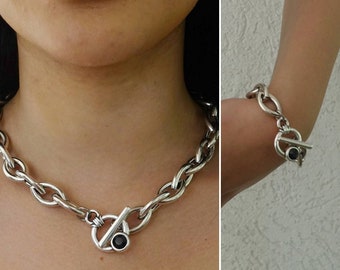 Chunky necklace and bracelet set,  Silver jewelry set