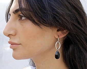 Teardrop earrings, Black and silver earrings, Black drop earrings, Crystal earrings