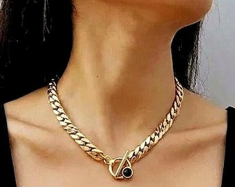Gold plated necklace with toggle clasp, Chunky gold necklace, Gold chain necklace, Gold statement necklace