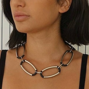 Statement necklace for women with large links in black and silver, Bib necklace, Black and silver bib necklace