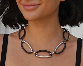 Black and silver statement necklace, Chunky silver necklace