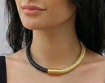 Black and gold choker necklace with magnetic clasp