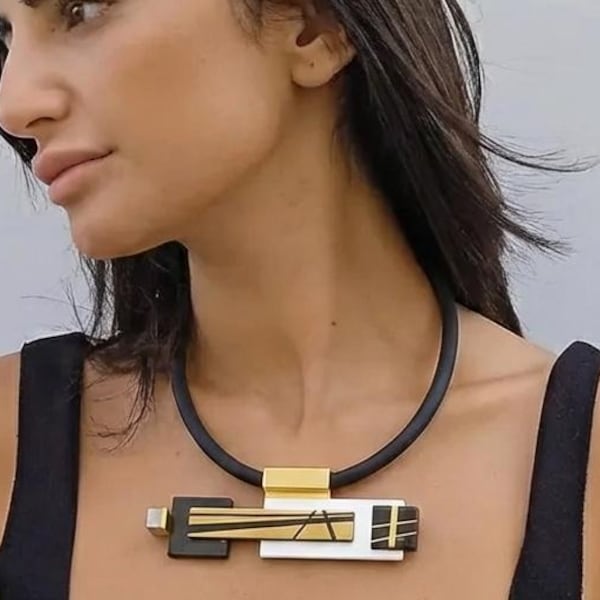 Statement necklace, Geometric necklace, Modern bib necklace, Black and gold necklace