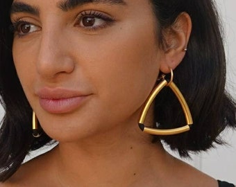 Black and gold statement earrings, Triangles drop earrings