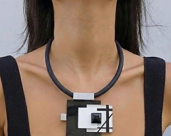 Statement necklace, Geometric necklace, Modern bib necklace, Black and silver necklace