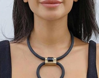 Statement necklace for women, Black and gold chunky necklace, Big geometric necklace for women